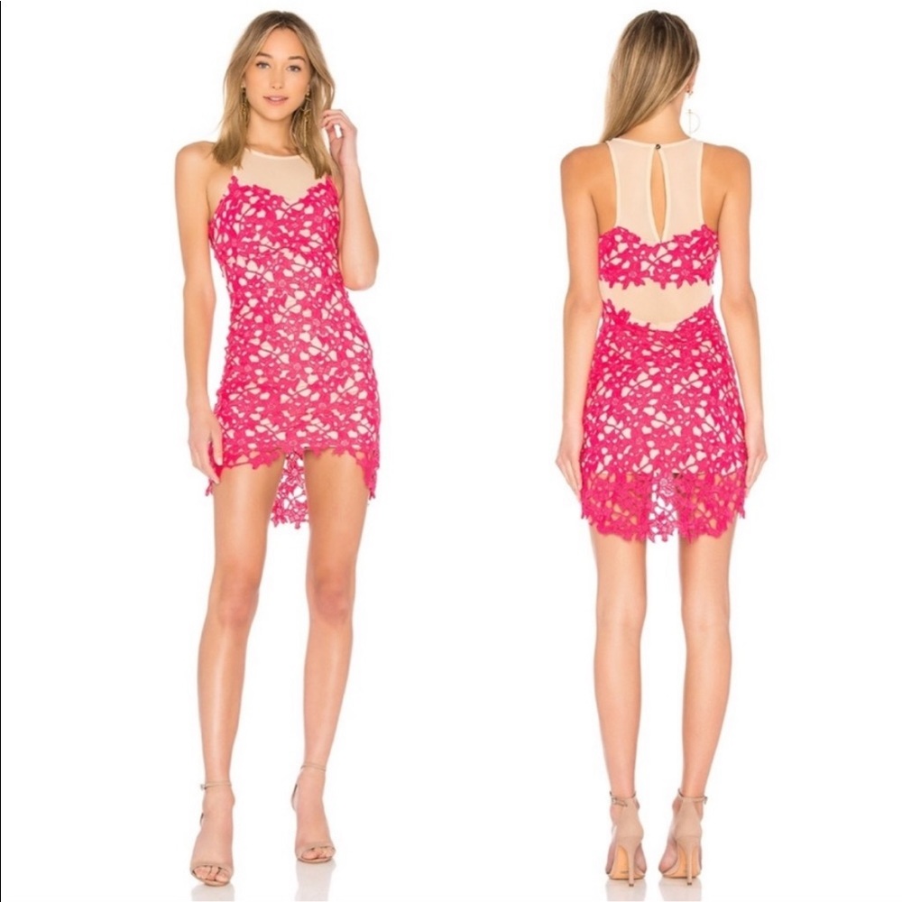 LOVERS AND FRIENDS LARISSA HOT PINK EMBROIDERED LACE HIGH LOW DRESS